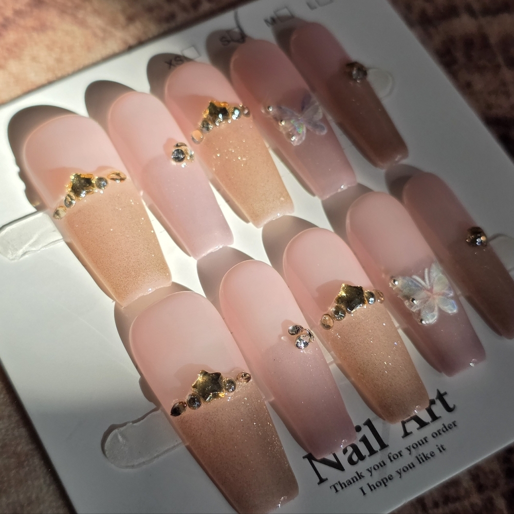 102. Pink Glitter Ombre Press-On Nails with Butterfly Accent